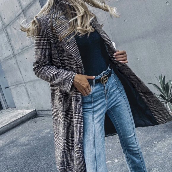 Jackets & Blazers - long line peacoat trench jacket plaid double breasted pea coat winter jacket
